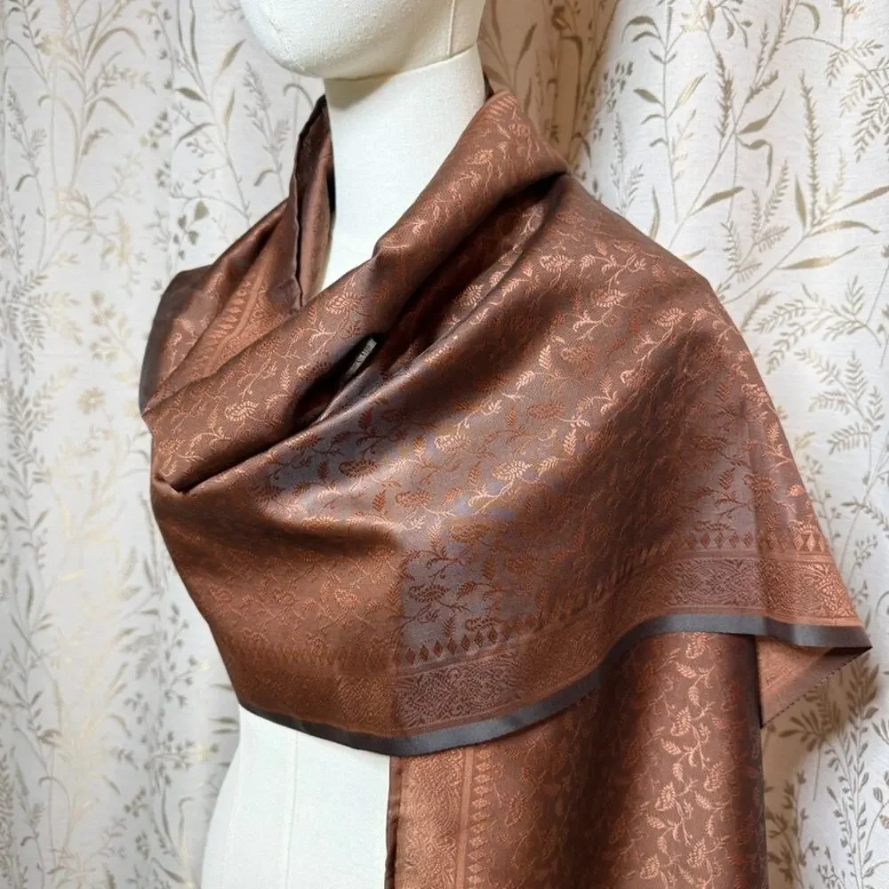 Silk Paisley Pashmina Shawl Wrap OS Brown Fringe Vintage Fall Boho Cottagecore